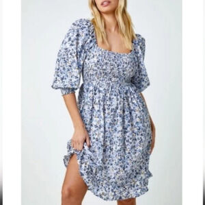 Super Natural by Secret Mission Denim Blue Floral Puff Sleeve Cottagecore Dress